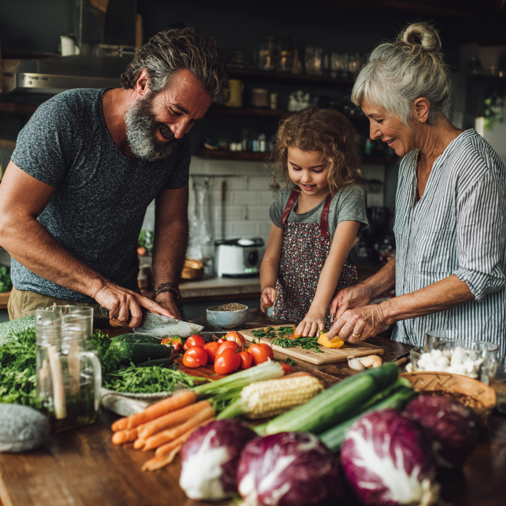 Smiling middle-aged Hungarian woman preparing fresh vegetables in a bright kitchen, showcasing healthy meal preparation with colorful seasonal produce