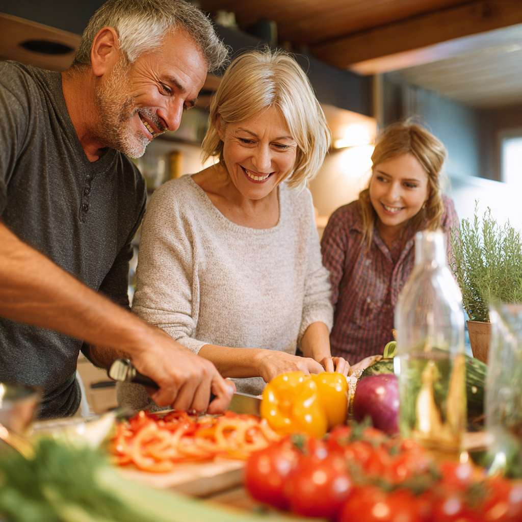 Hungarian family of three generations cooking together in a traditional kitchen, showcasing healthy ingredients and family meal preparation traditions